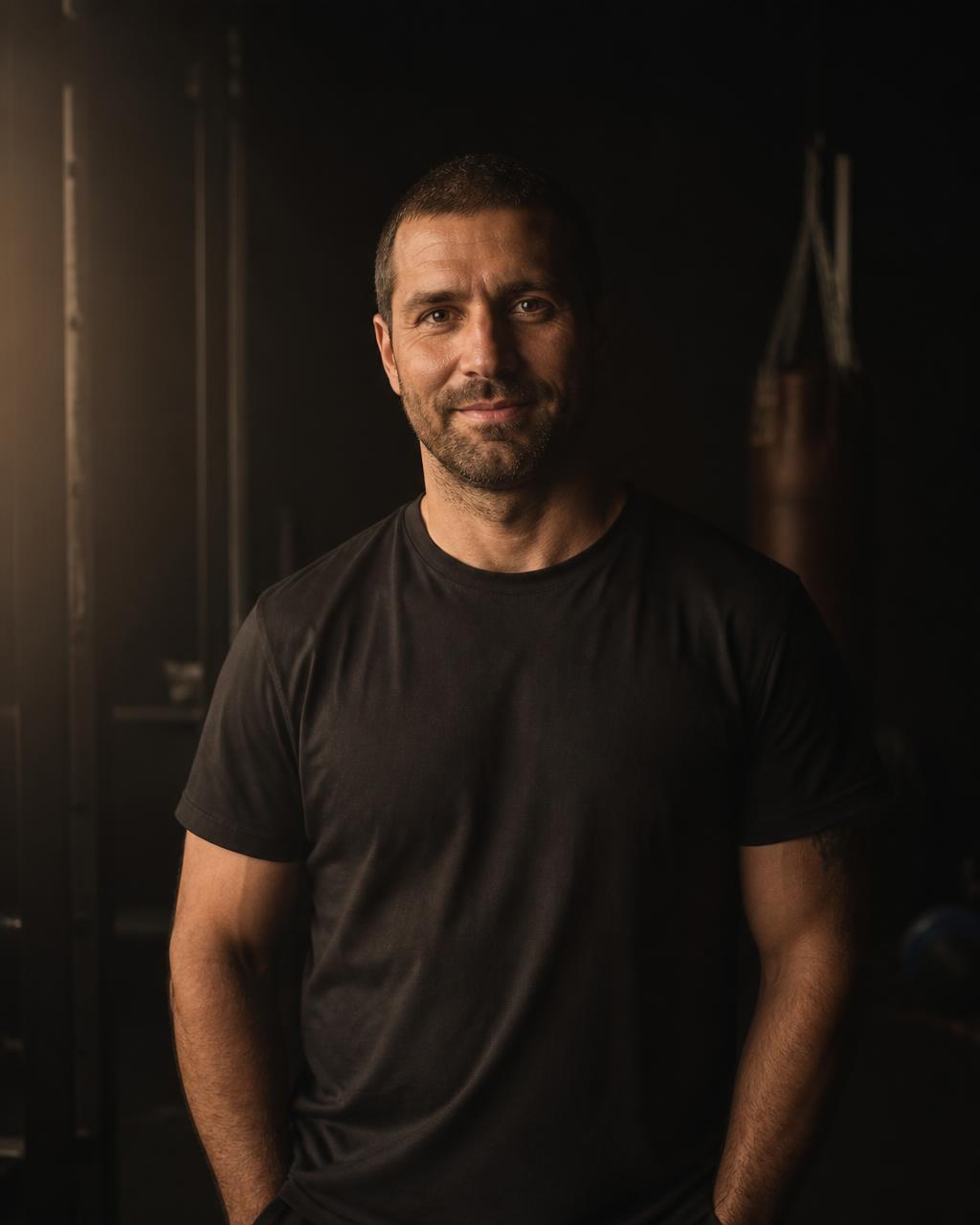 Portrait of coach Andrew Mangum standing in a dimly lit training studio