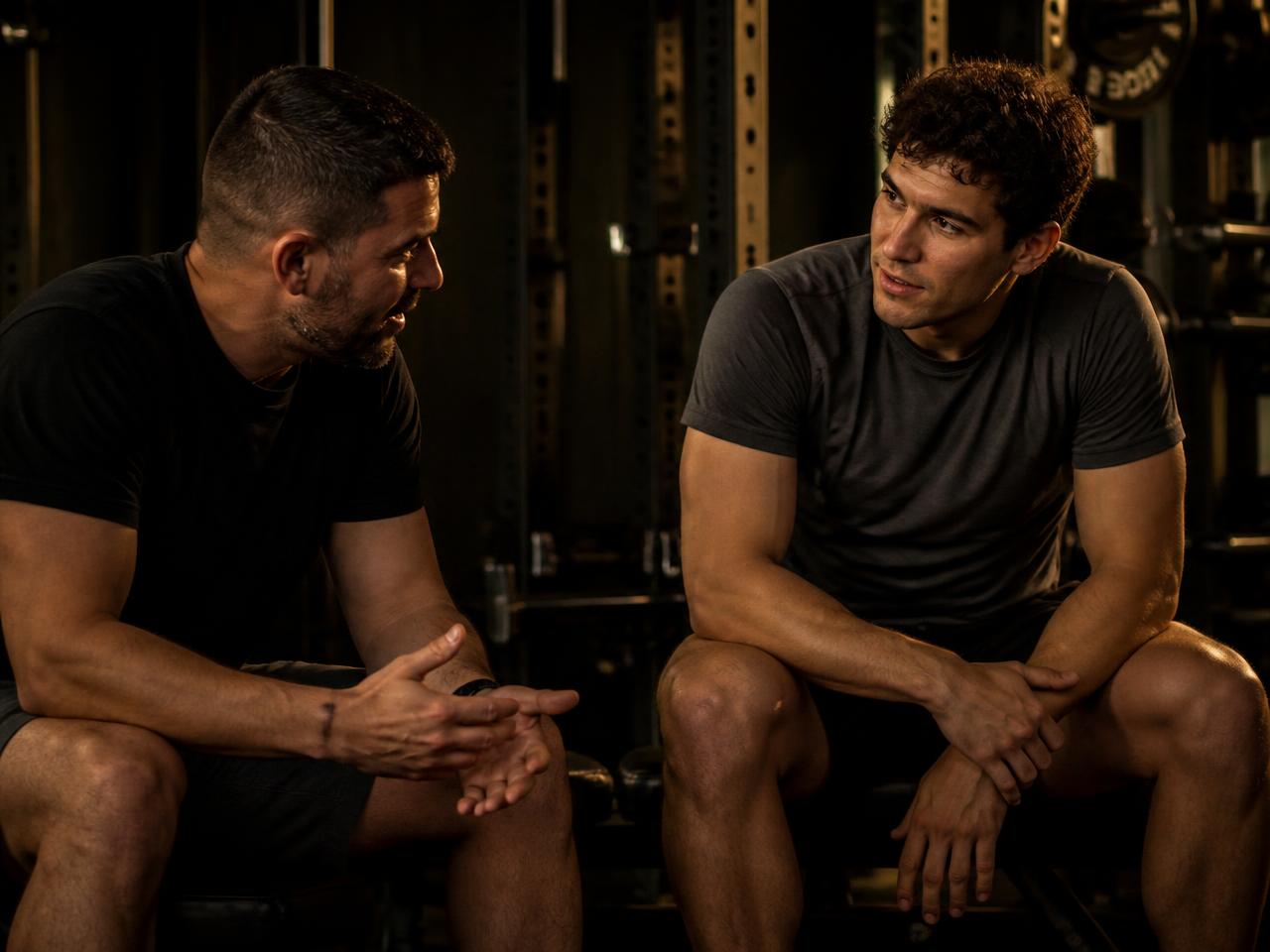 Two people sitting on a gym bench having an honest conversation