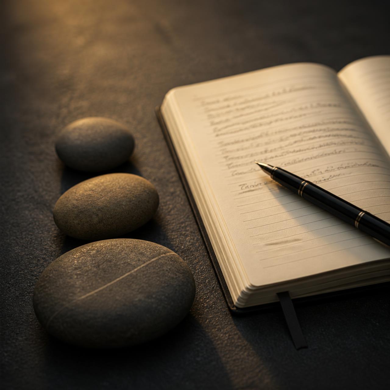 Three smooth stones resting beside an open notebook and pen on a dark surface